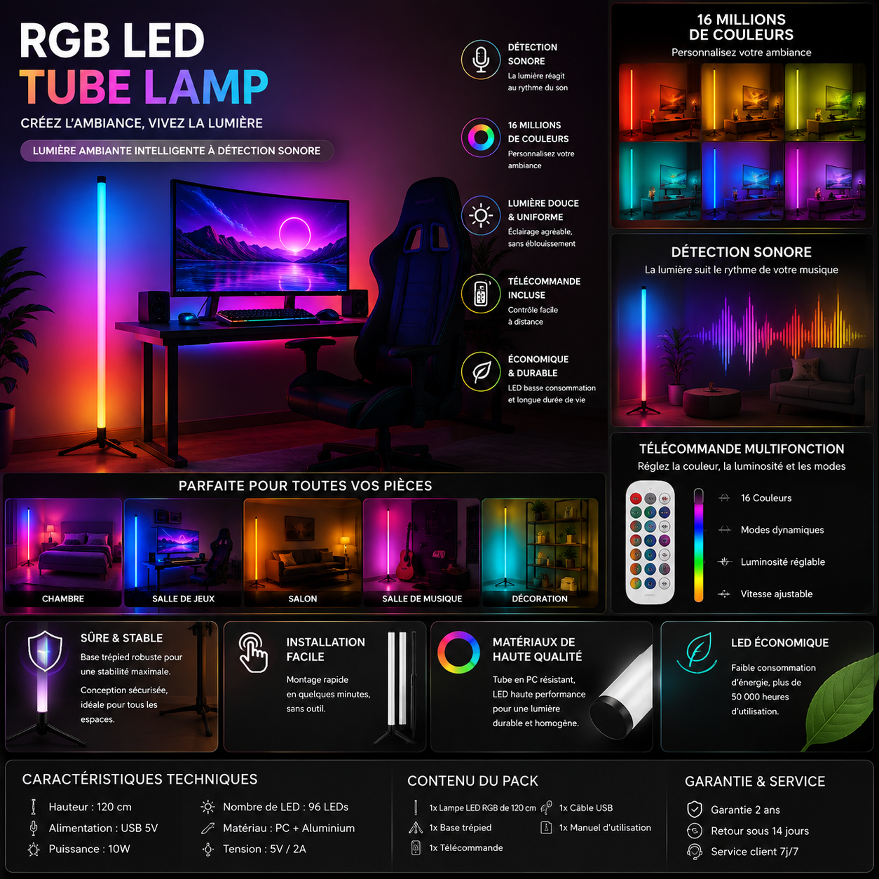 LumaBar — Lampe Sol LED RGB 120cm