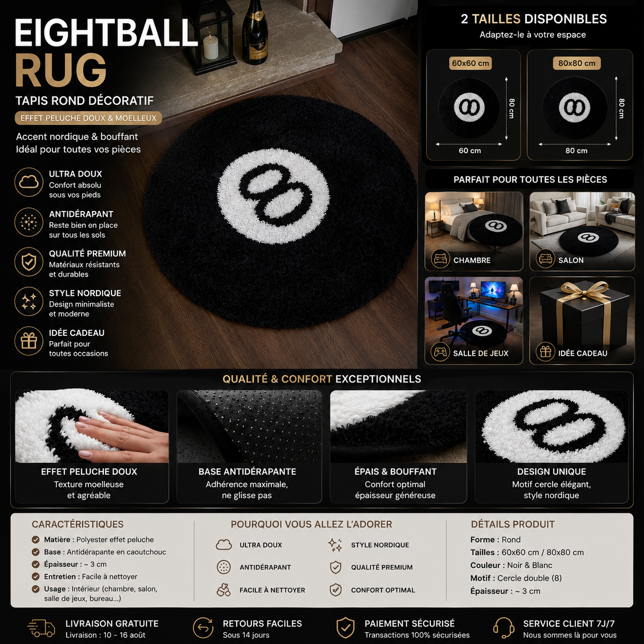 EightBall Rug — Tapis Rond Boule Billard