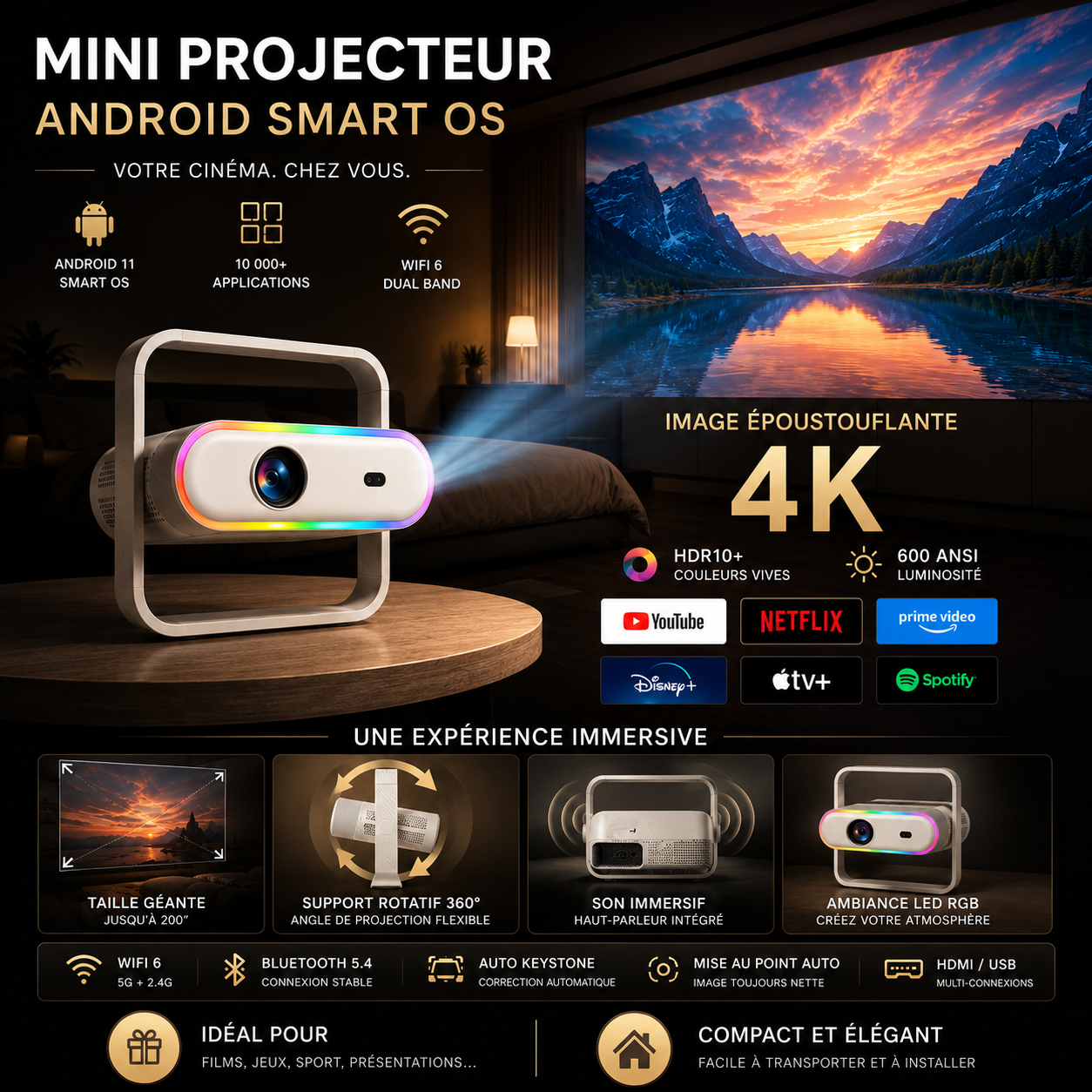 SkyCast P40 — Projecteur Portable 4K